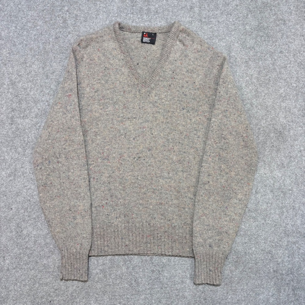 Robert Bruce Vintage V-Neck Sweater Mens Large Tan Oatmeal Donegal Fleck USA